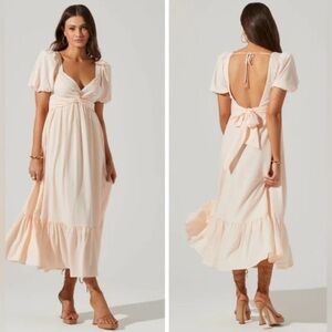 ASTR the Label Tie Peach Cream Puff Sleeve Midi Dress Size Small NWT